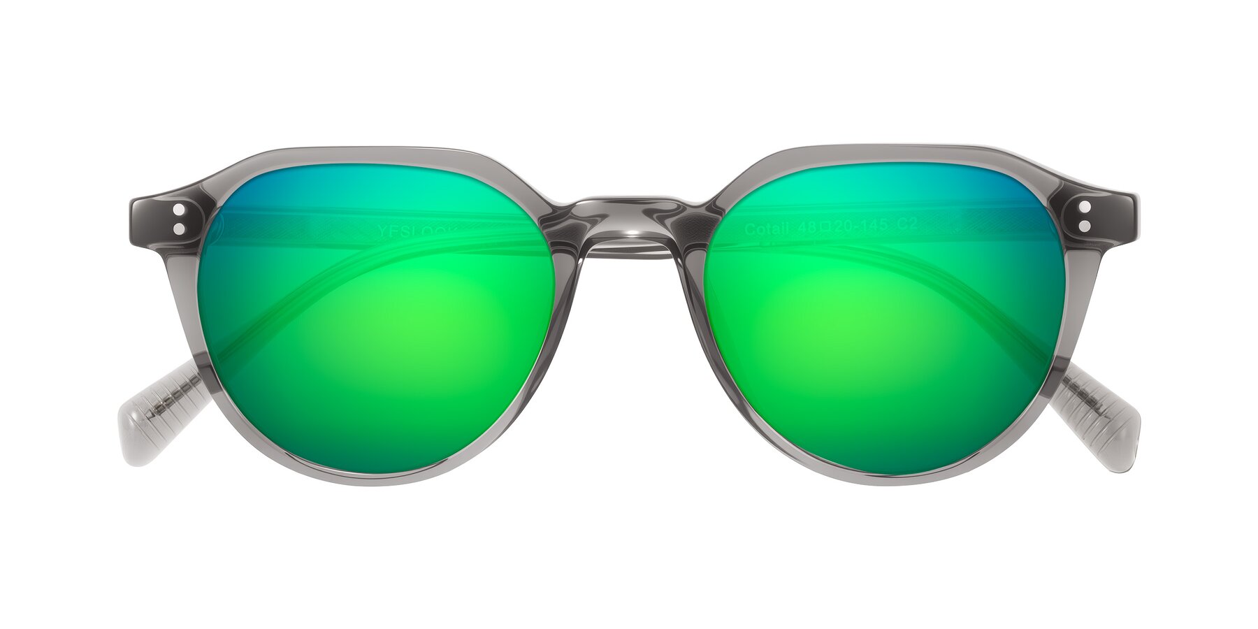 Folded Front of Cotaii in Gray with Green Mirrored Lenses