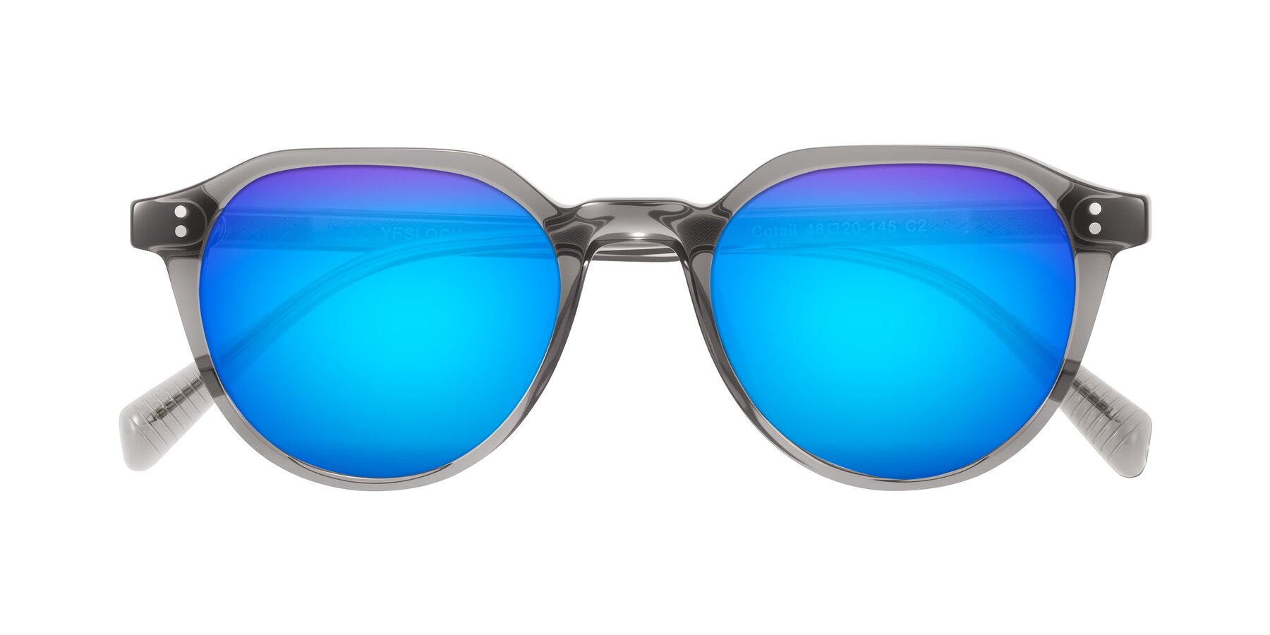 Folded Front of Cotaii in Gray with Blue Mirrored Lenses