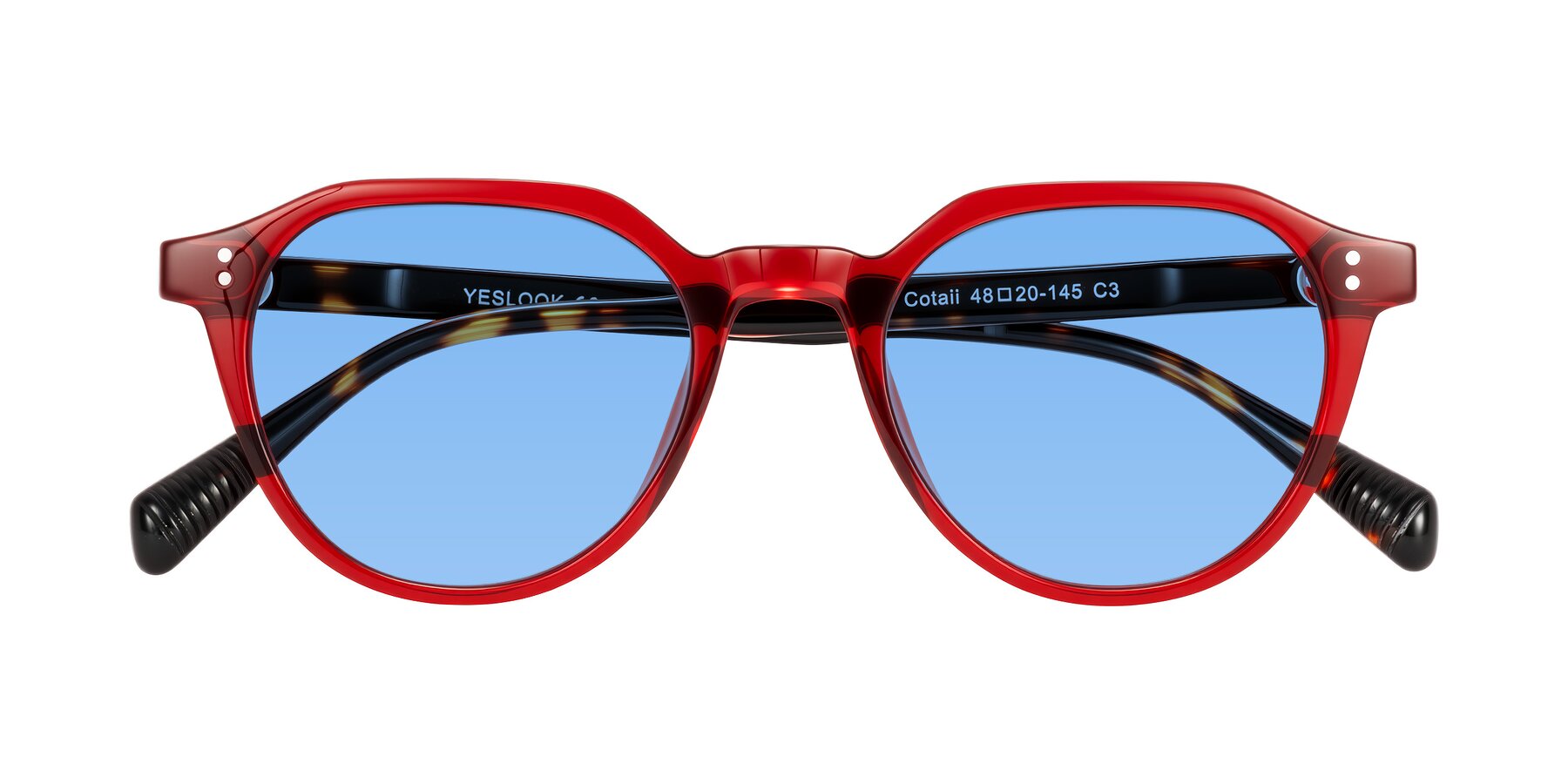 Folded Front of Cotaii in Wine/Tortoise with Medium Blue Tinted Lenses