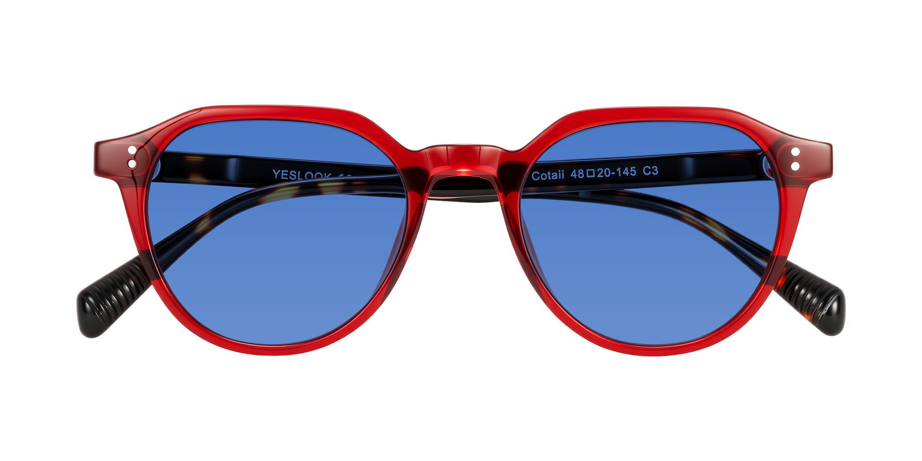 Folded Front of Cotaii in Wine/Tortoise with Blue Tinted Lenses