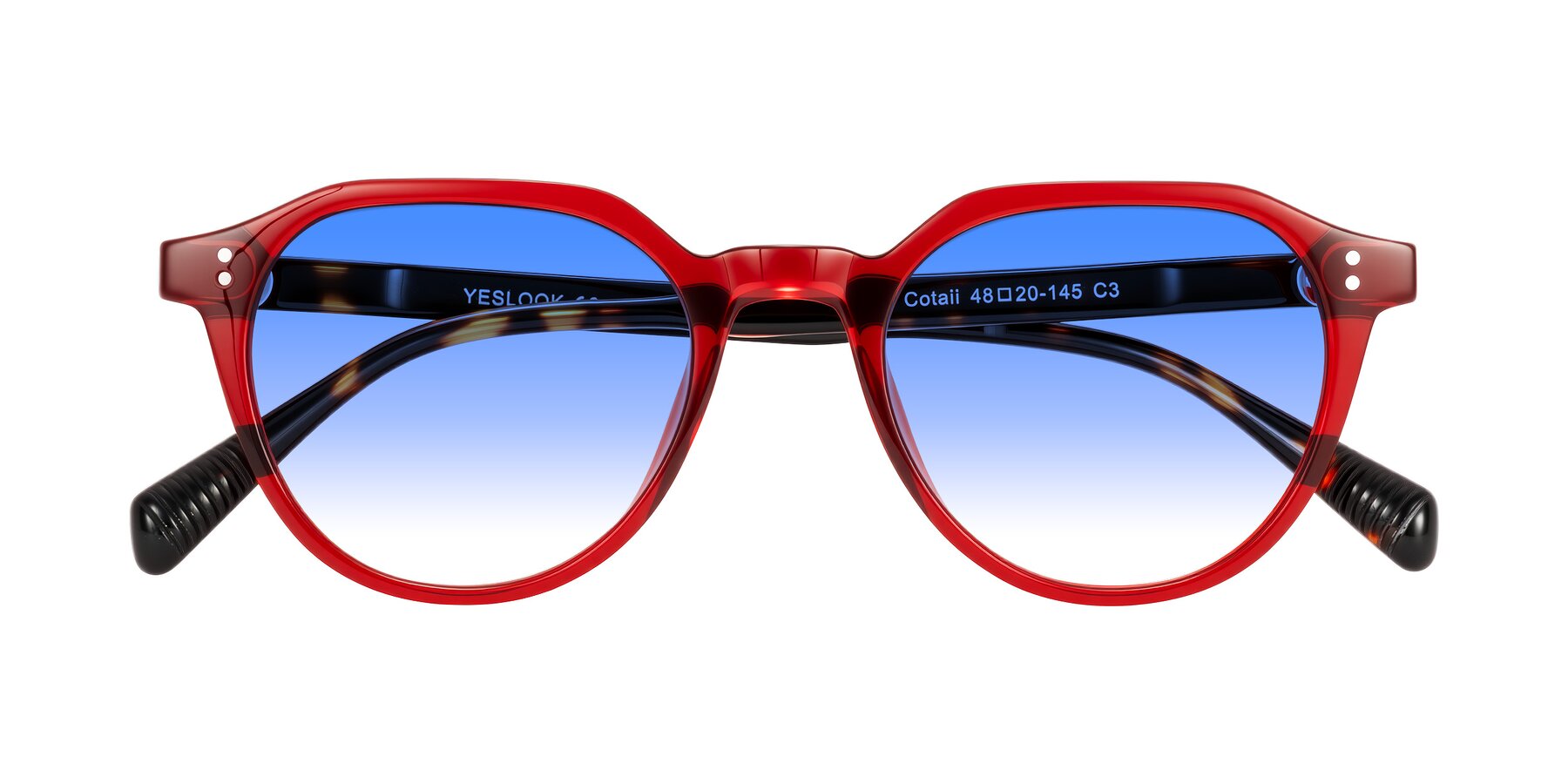 Folded Front of Cotaii in Wine/Tortoise with Blue Gradient Lenses