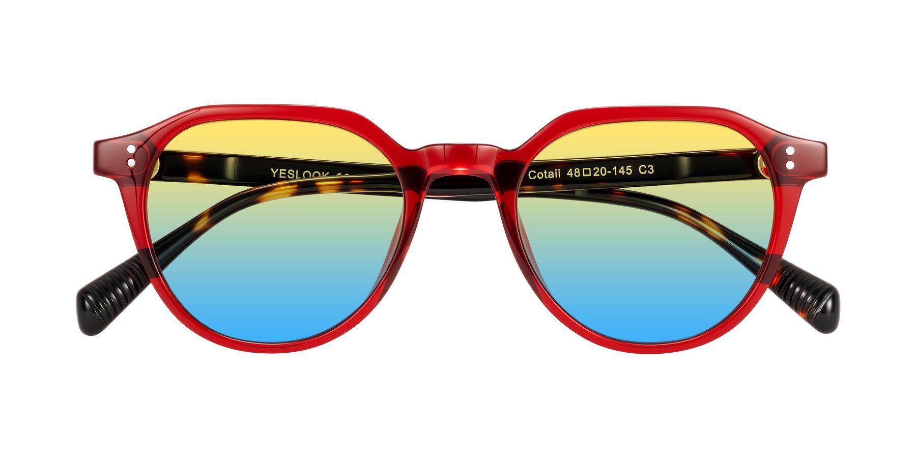 Folded Front of Cotaii in Wine/Tortoise with Yellow / Blue Gradient Lenses