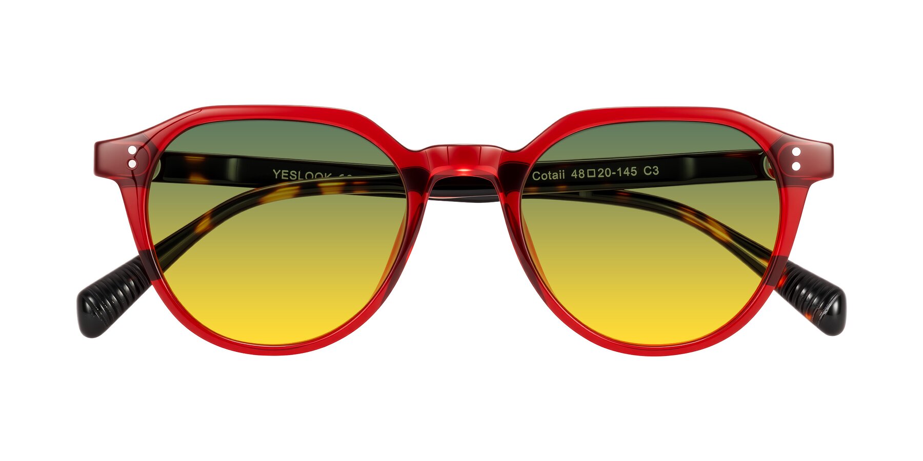 Folded Front of Cotaii in Wine/Tortoise with Green / Yellow Gradient Lenses
