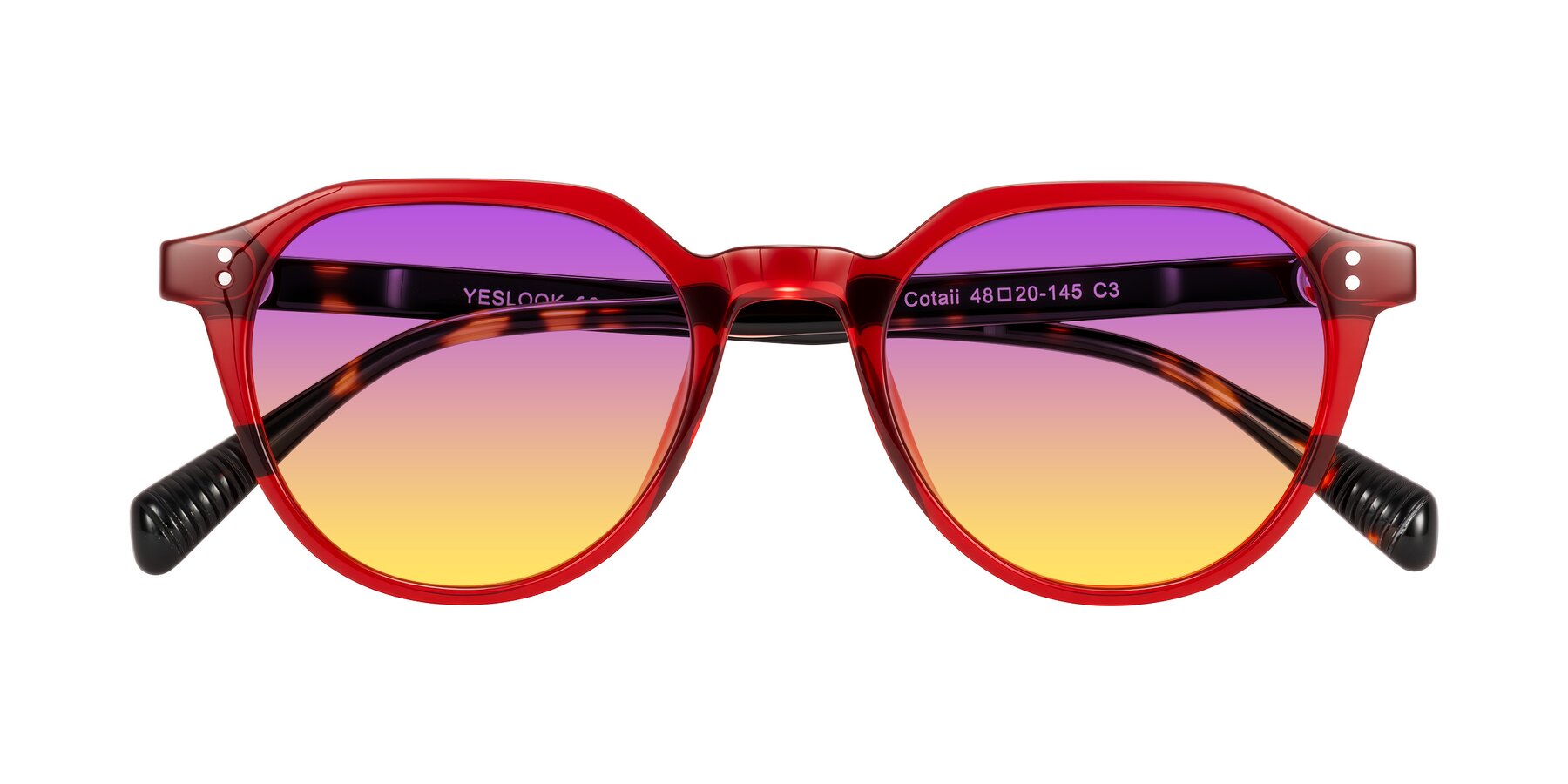 Folded Front of Cotaii in Wine/Tortoise with Purple / Yellow Gradient Lenses