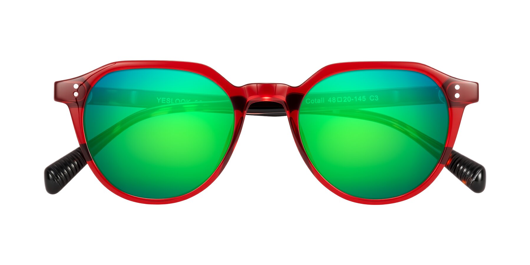 Folded Front of Cotaii in Wine/Tortoise with Green Mirrored Lenses