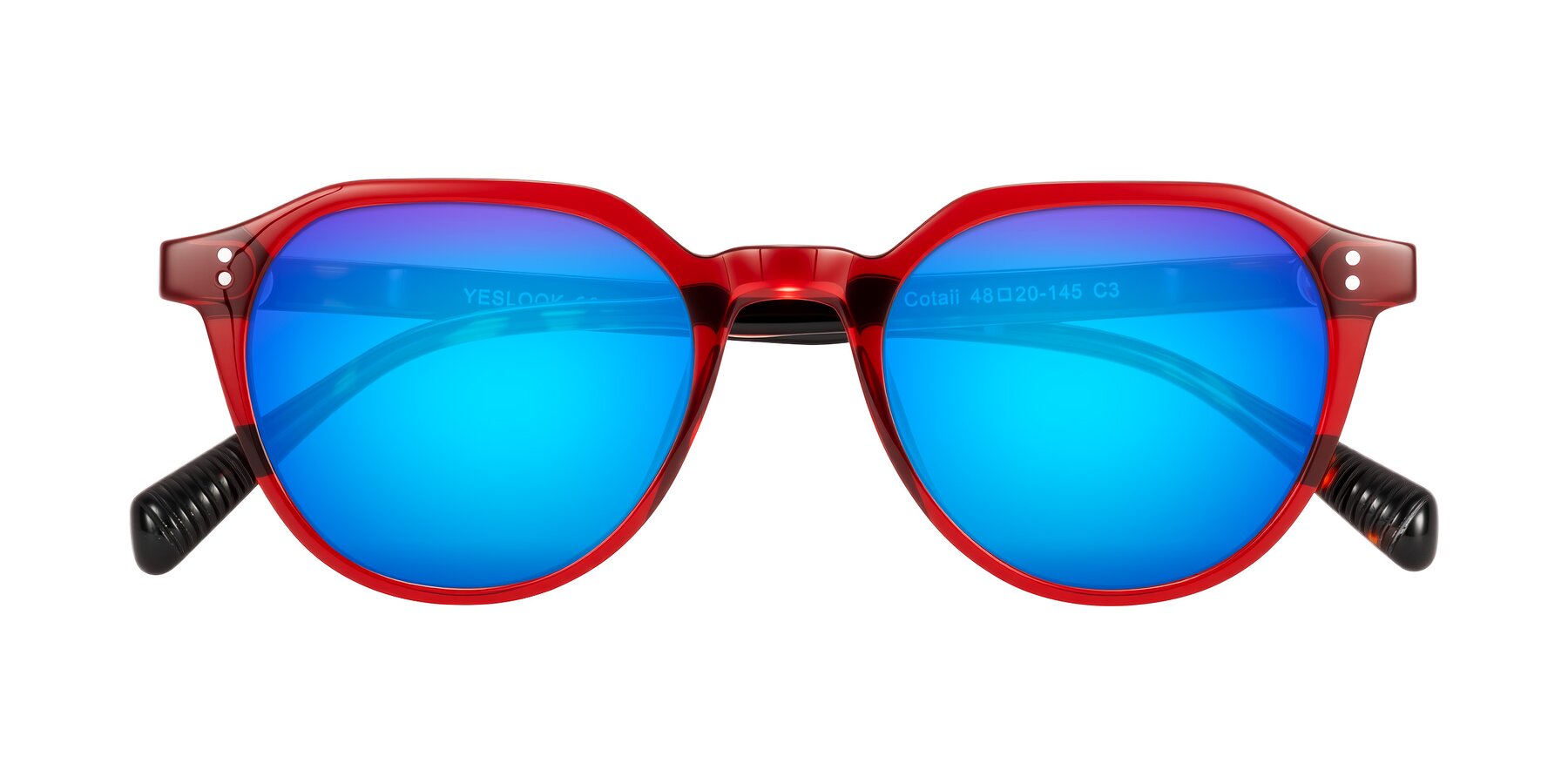 Folded Front of Cotaii in Wine/Tortoise with Blue Mirrored Lenses