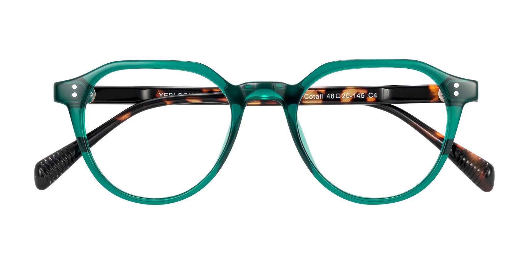Folded Front of Cotaii in Emerald/Tortoise with Clear Eyeglass Lenses