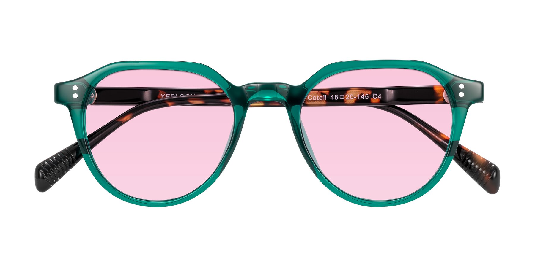Folded Front of Cotaii in Emerald/Tortoise with Light Pink Tinted Lenses