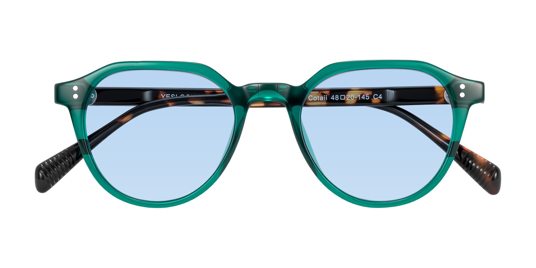 Folded Front of Cotaii in Emerald/Tortoise with Light Blue Tinted Lenses