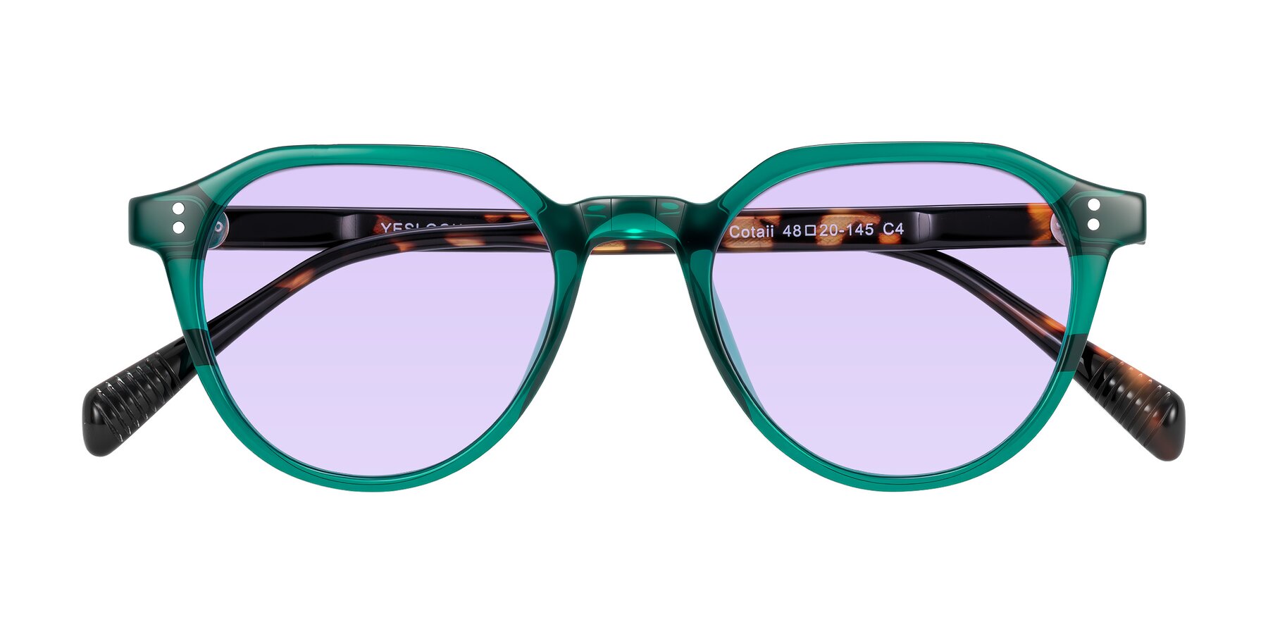Folded Front of Cotaii in Emerald/Tortoise with Light Purple Tinted Lenses