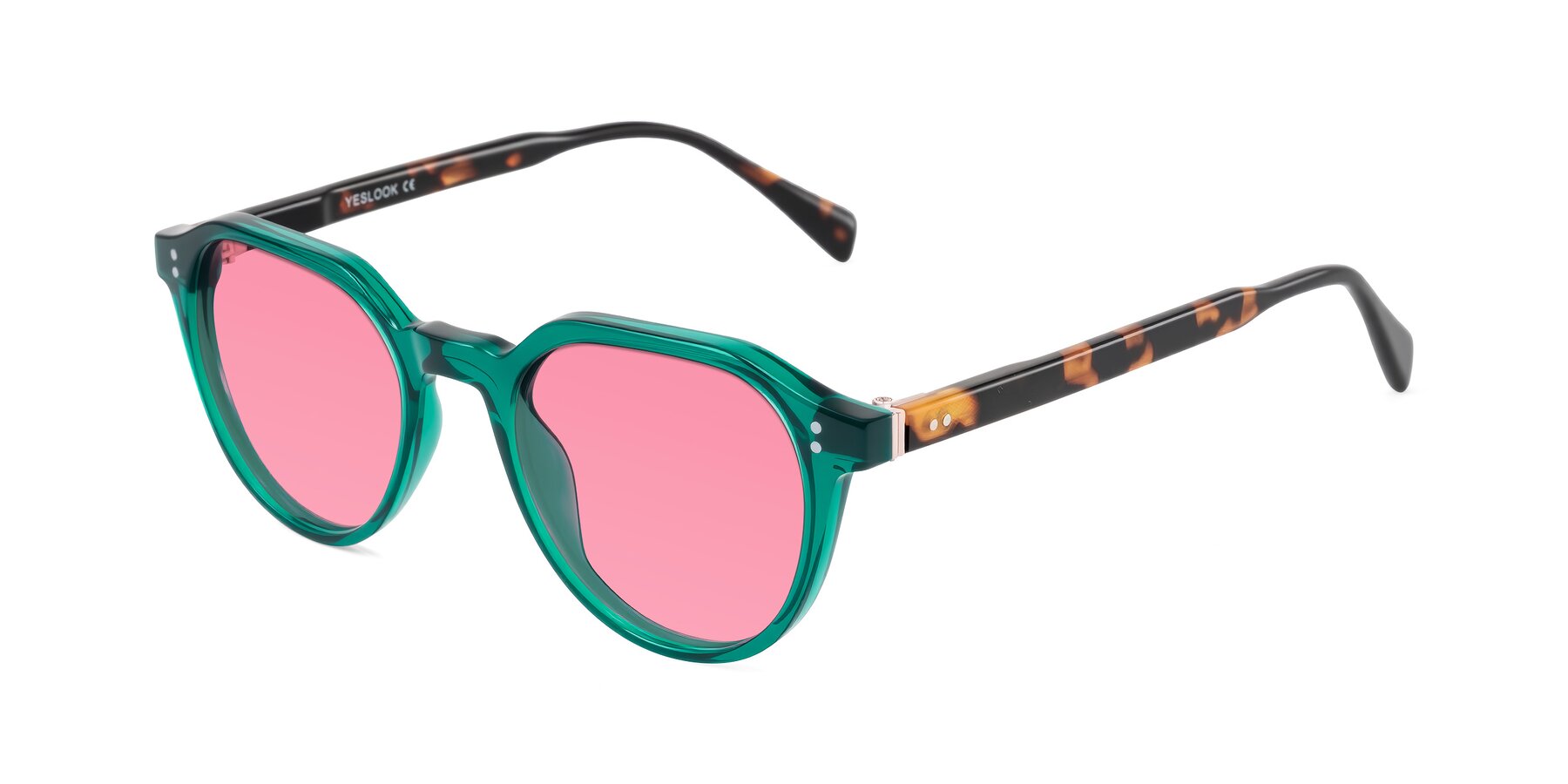 Angle of Cotaii in Emerald/Tortoise with Pink Tinted Lenses