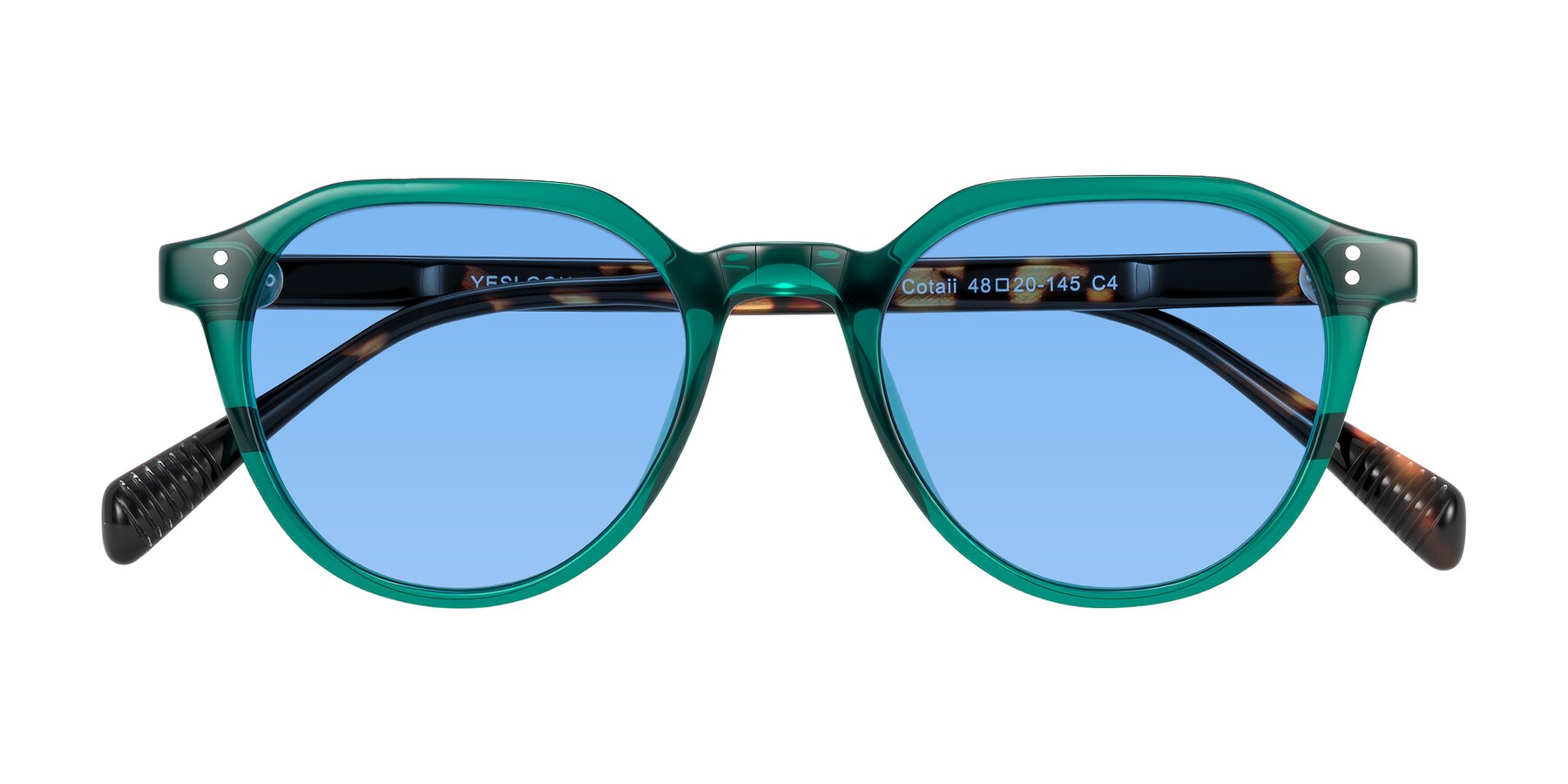 Folded Front of Cotaii in Emerald/Tortoise with Medium Blue Tinted Lenses
