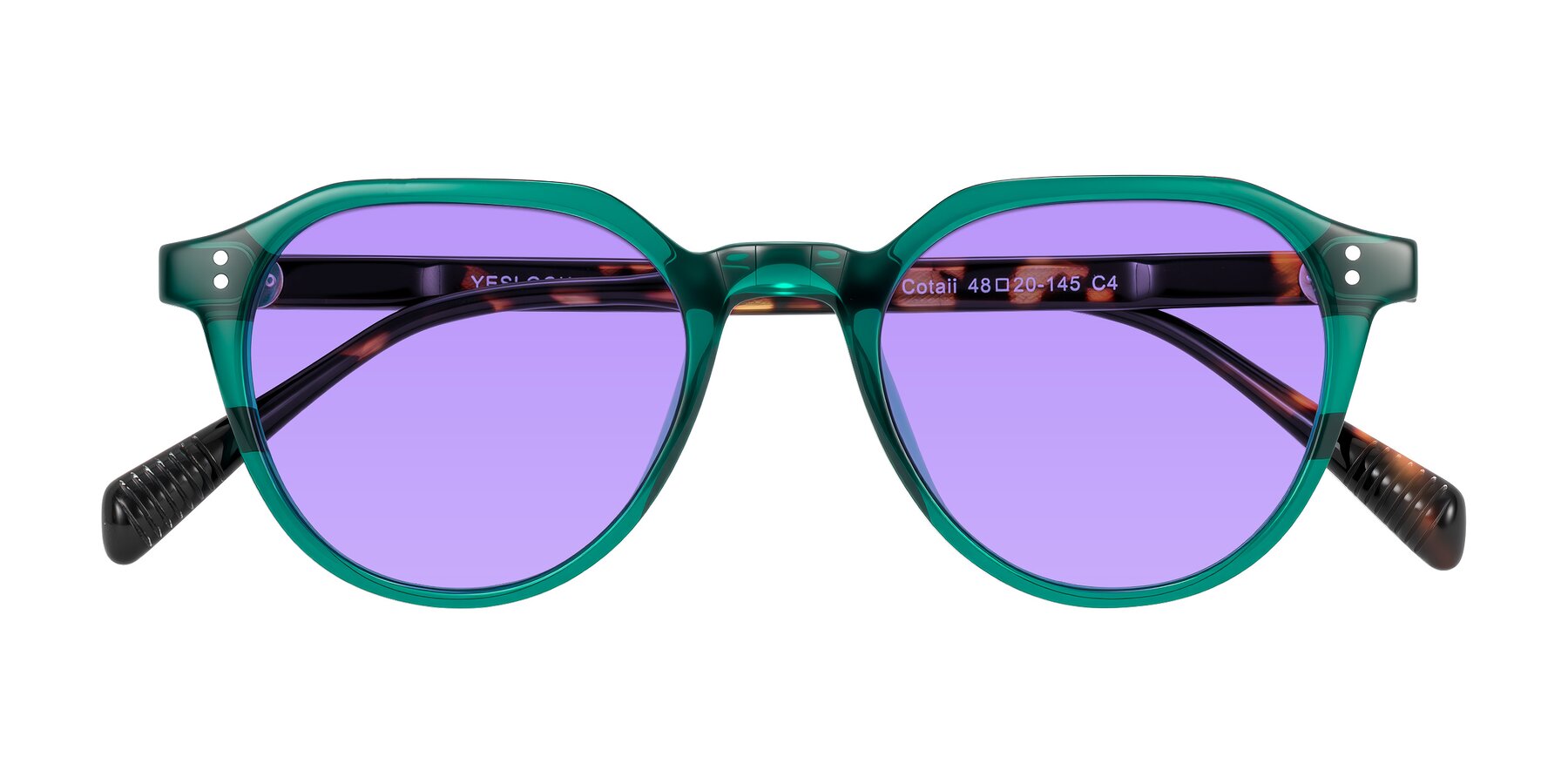 Folded Front of Cotaii in Emerald/Tortoise with Medium Purple Tinted Lenses