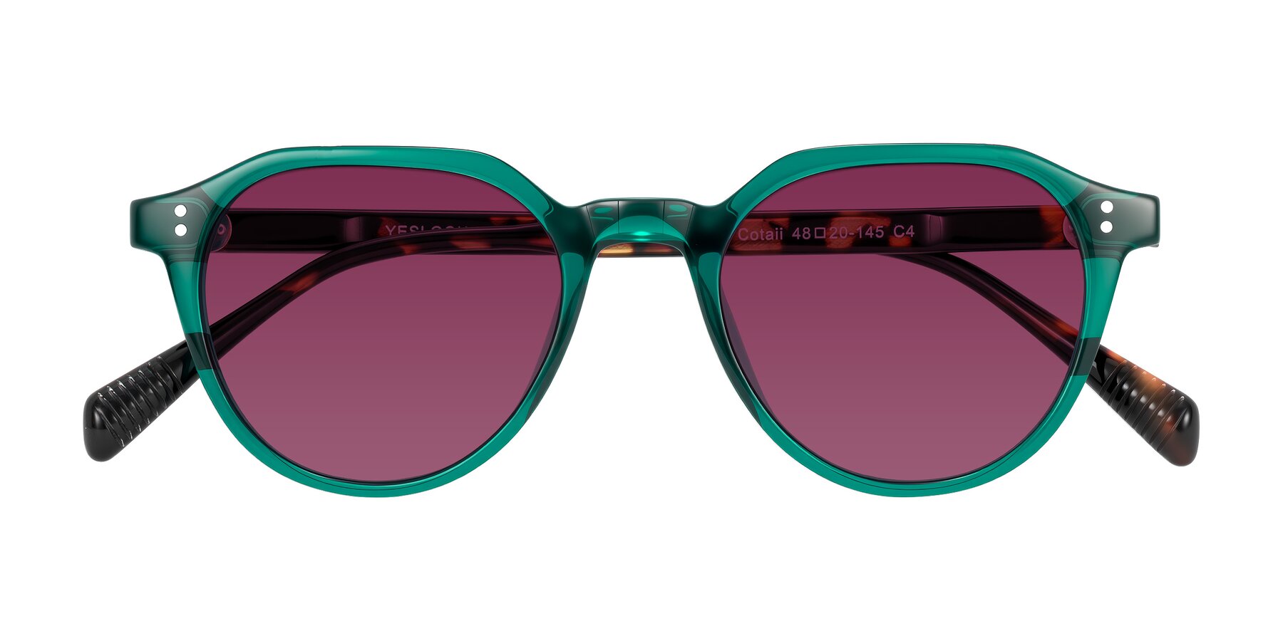 Folded Front of Cotaii in Emerald/Tortoise with Wine Tinted Lenses