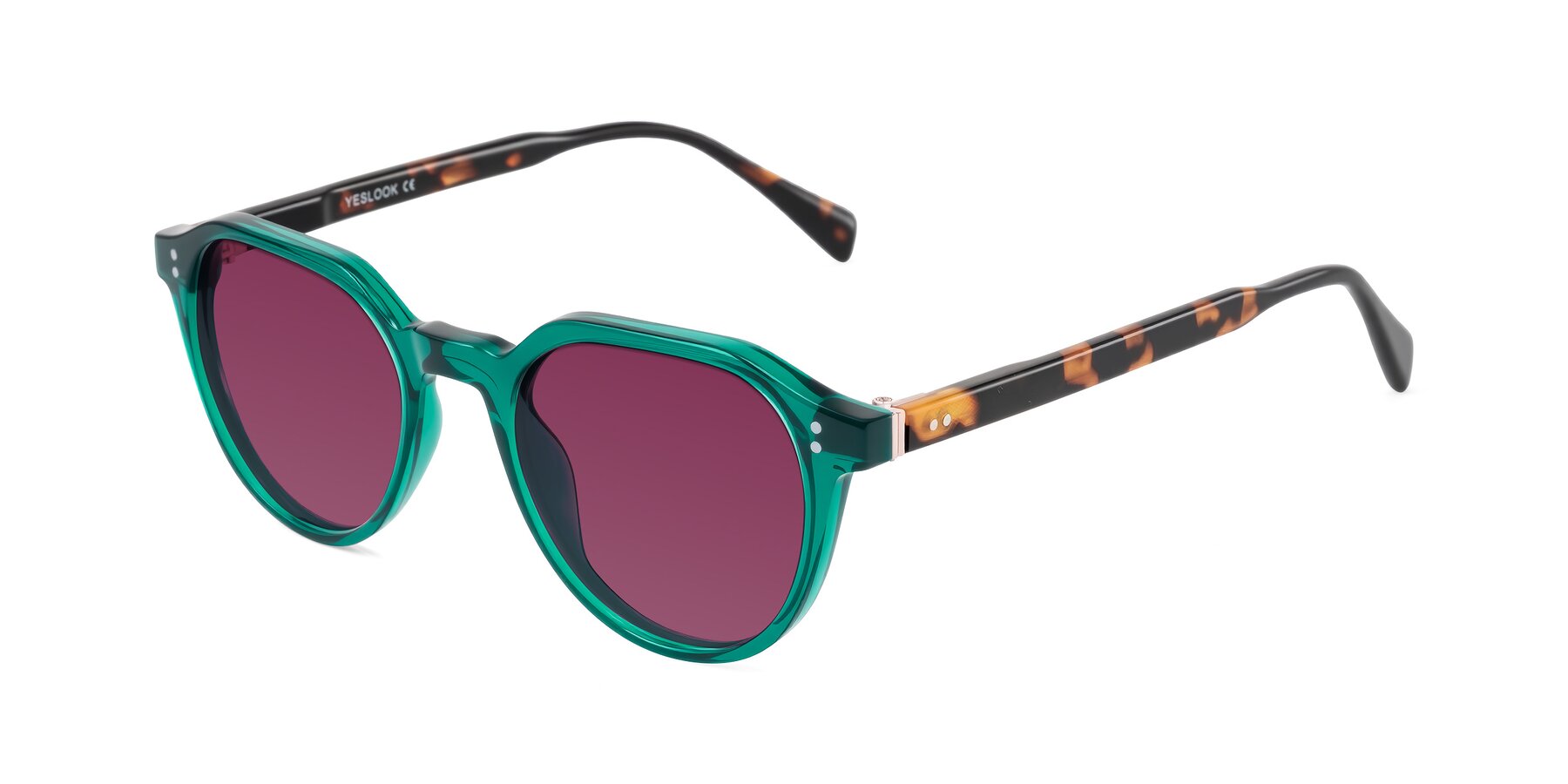 Angle of Cotaii in Emerald/Tortoise with Wine Tinted Lenses