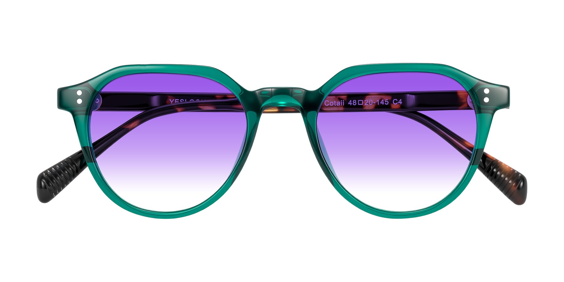 Folded Front of Cotaii in Emerald/Tortoise with Purple Gradient Lenses