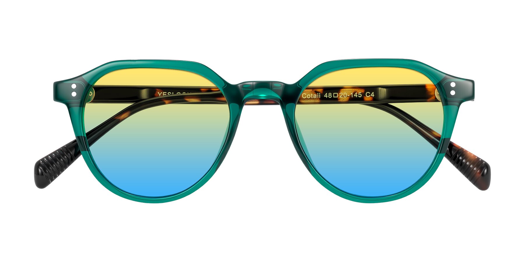 Folded Front of Cotaii in Emerald/Tortoise with Yellow / Blue Gradient Lenses