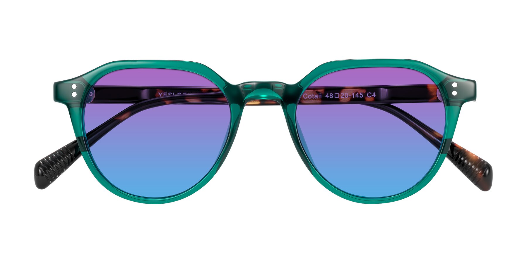 Folded Front of Cotaii in Emerald/Tortoise with Purple / Blue Gradient Lenses