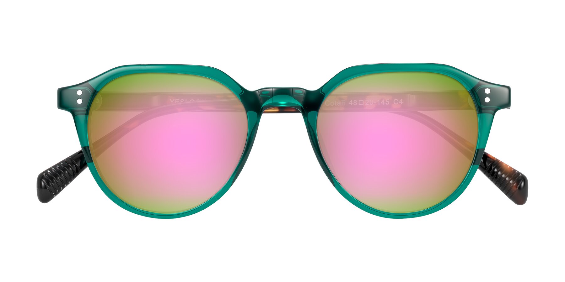 Folded Front of Cotaii in Emerald/Tortoise with Pink Mirrored Lenses