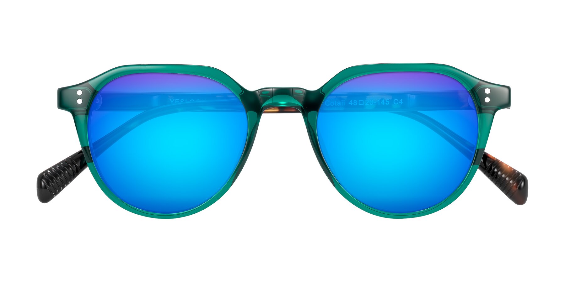 Folded Front of Cotaii in Emerald/Tortoise with Blue Mirrored Lenses