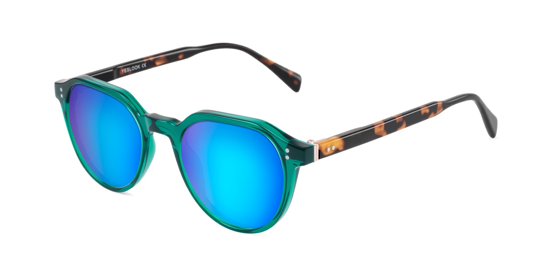 Angle of Cotaii in Emerald/Tortoise with Blue Mirrored Lenses