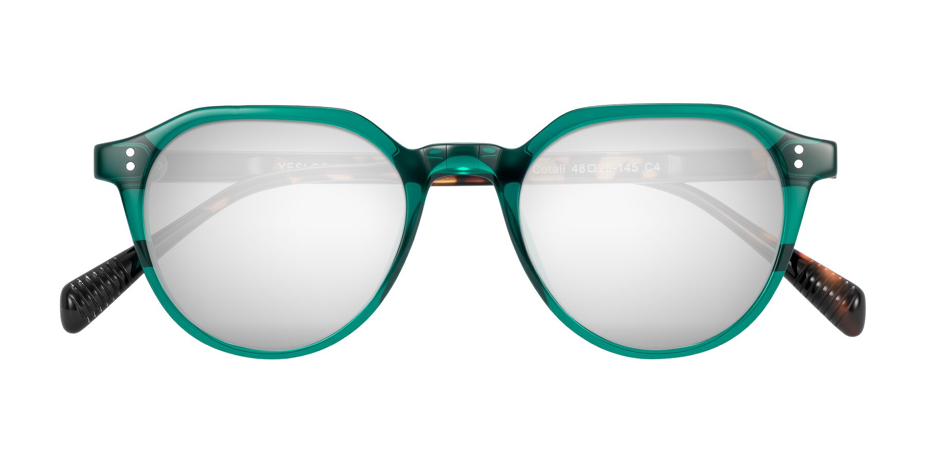 Folded Front of Cotaii in Emerald/Tortoise with Silver Mirrored Lenses