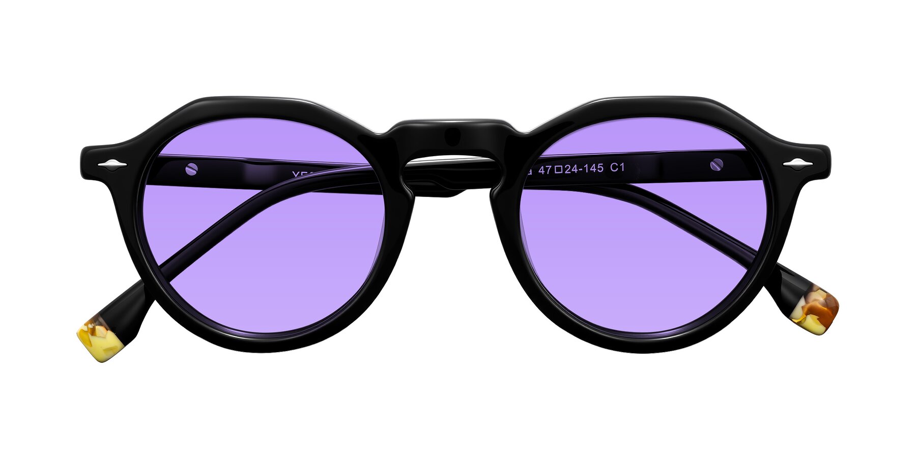 Folded Front of Orta in Black with Medium Purple Tinted Lenses