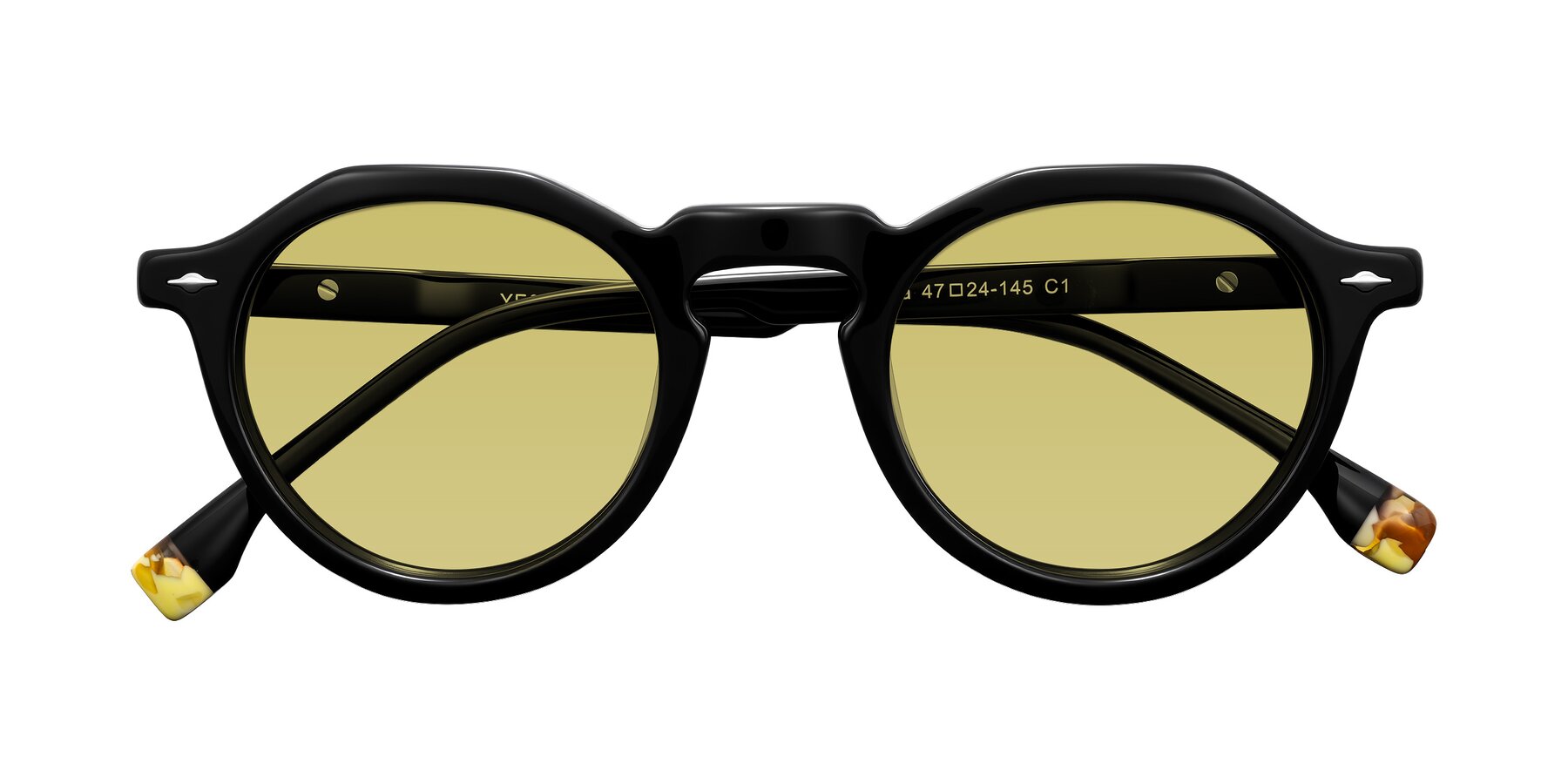 Folded Front of Orta in Black with Medium Champagne Tinted Lenses