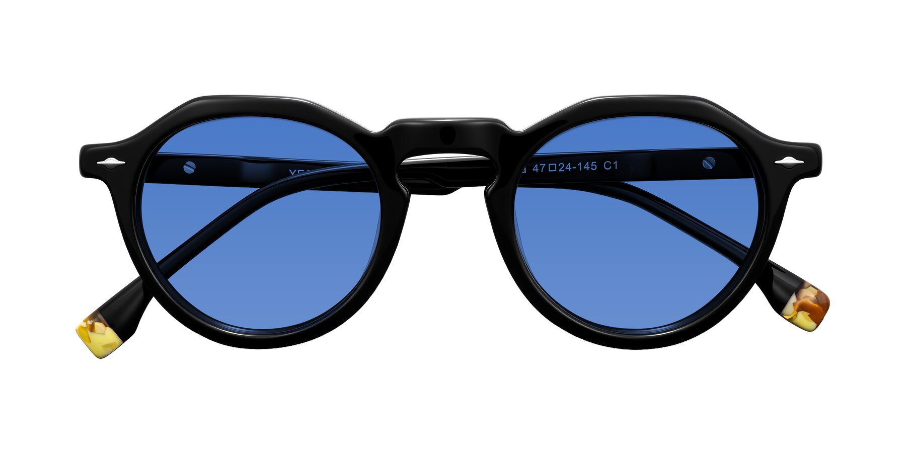 Folded Front of Orta in Black with Blue Tinted Lenses