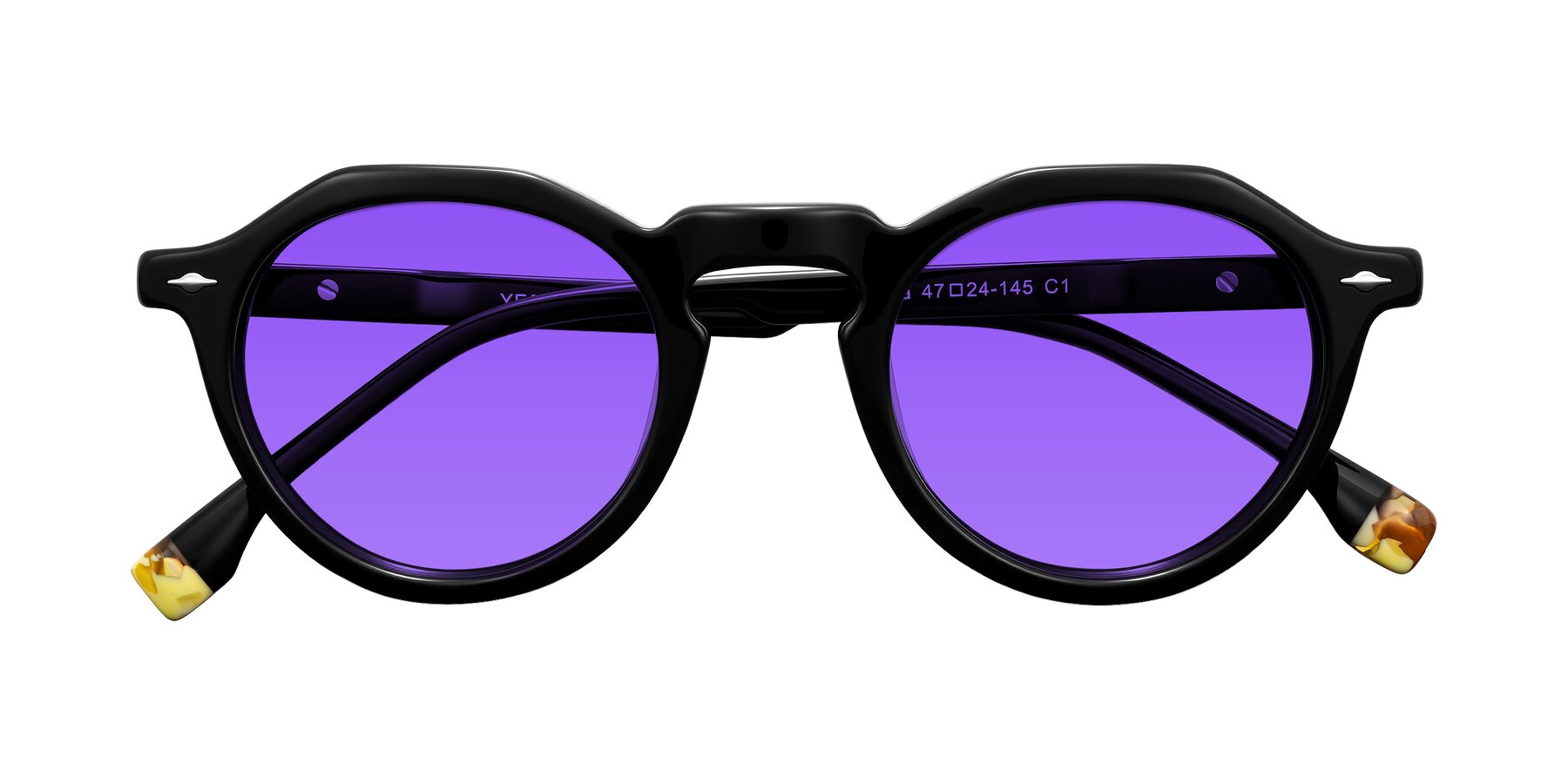 Folded Front of Orta in Black with Purple Tinted Lenses