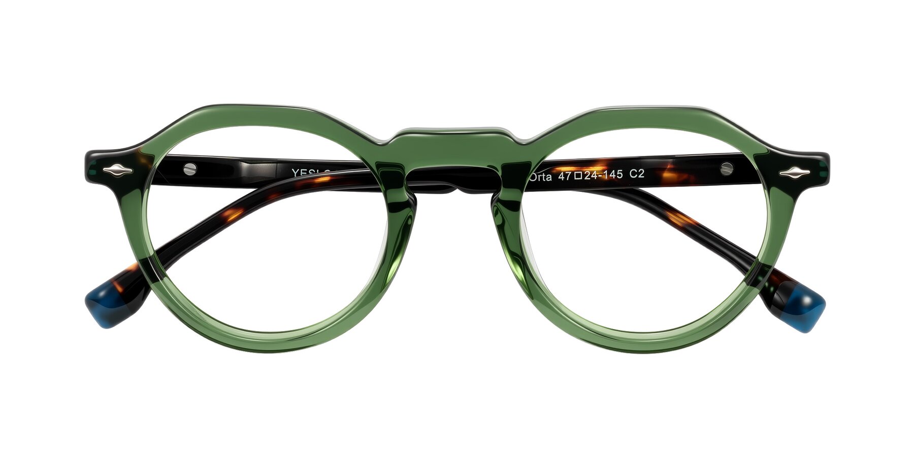 Folded Front of Orta in Green/Tortoise with Clear Eyeglass Lenses