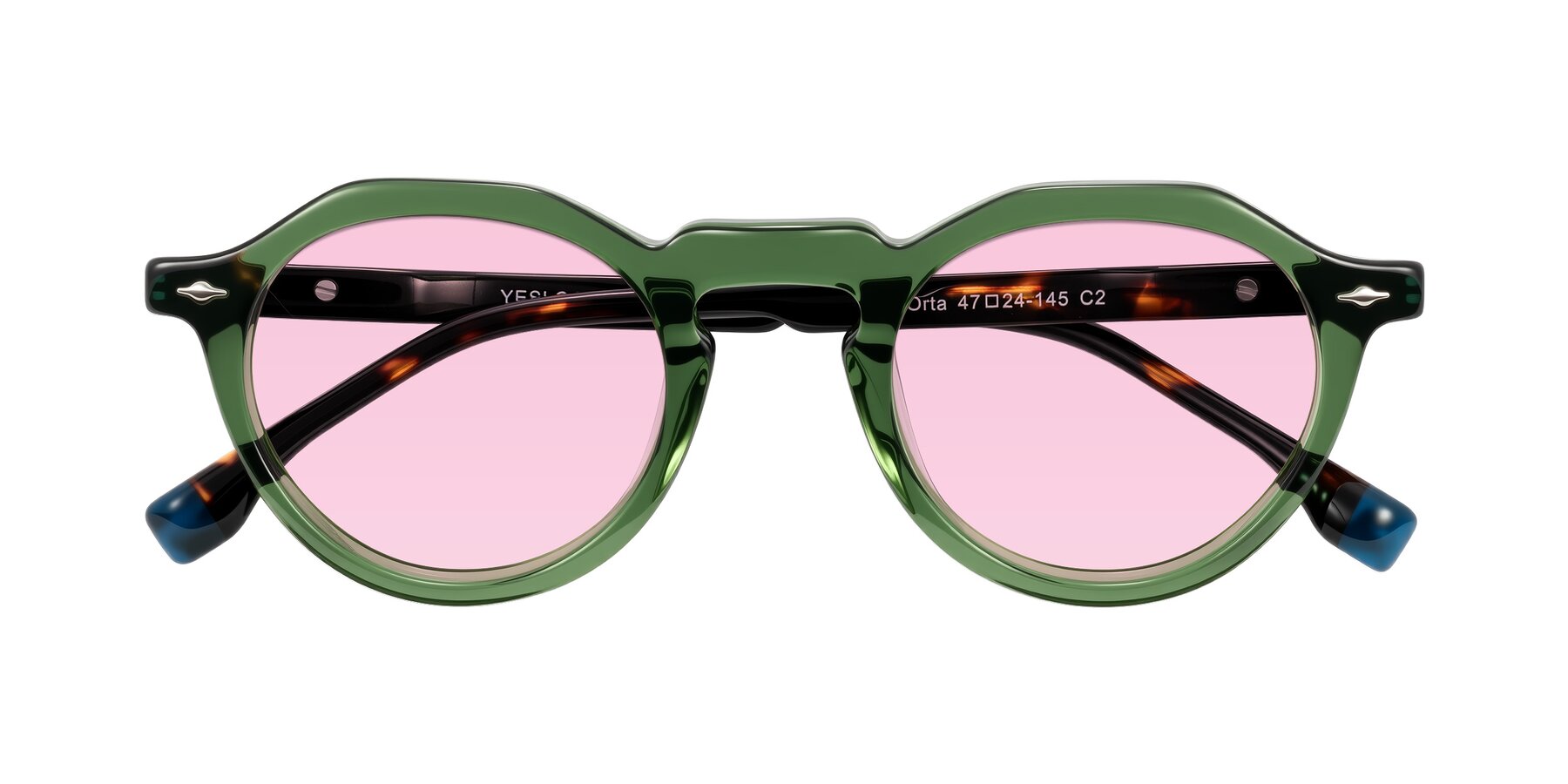 Folded Front of Orta in Green/Tortoise with Light Pink Tinted Lenses