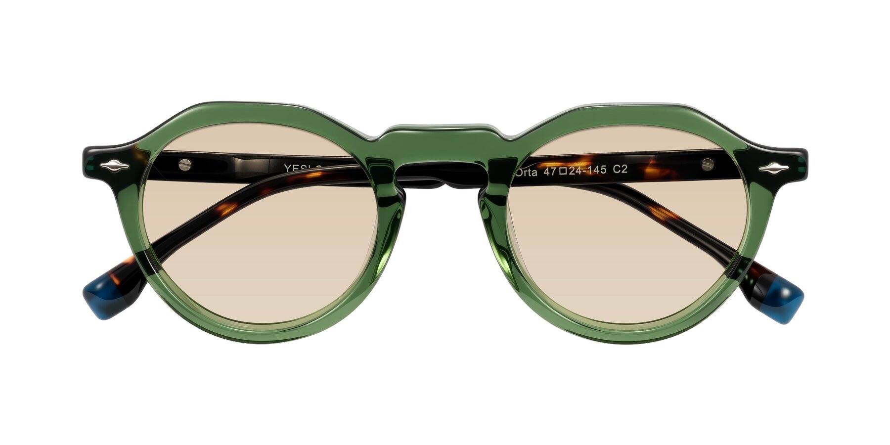 Folded Front of Orta in Green/Tortoise with Light Brown Tinted Lenses