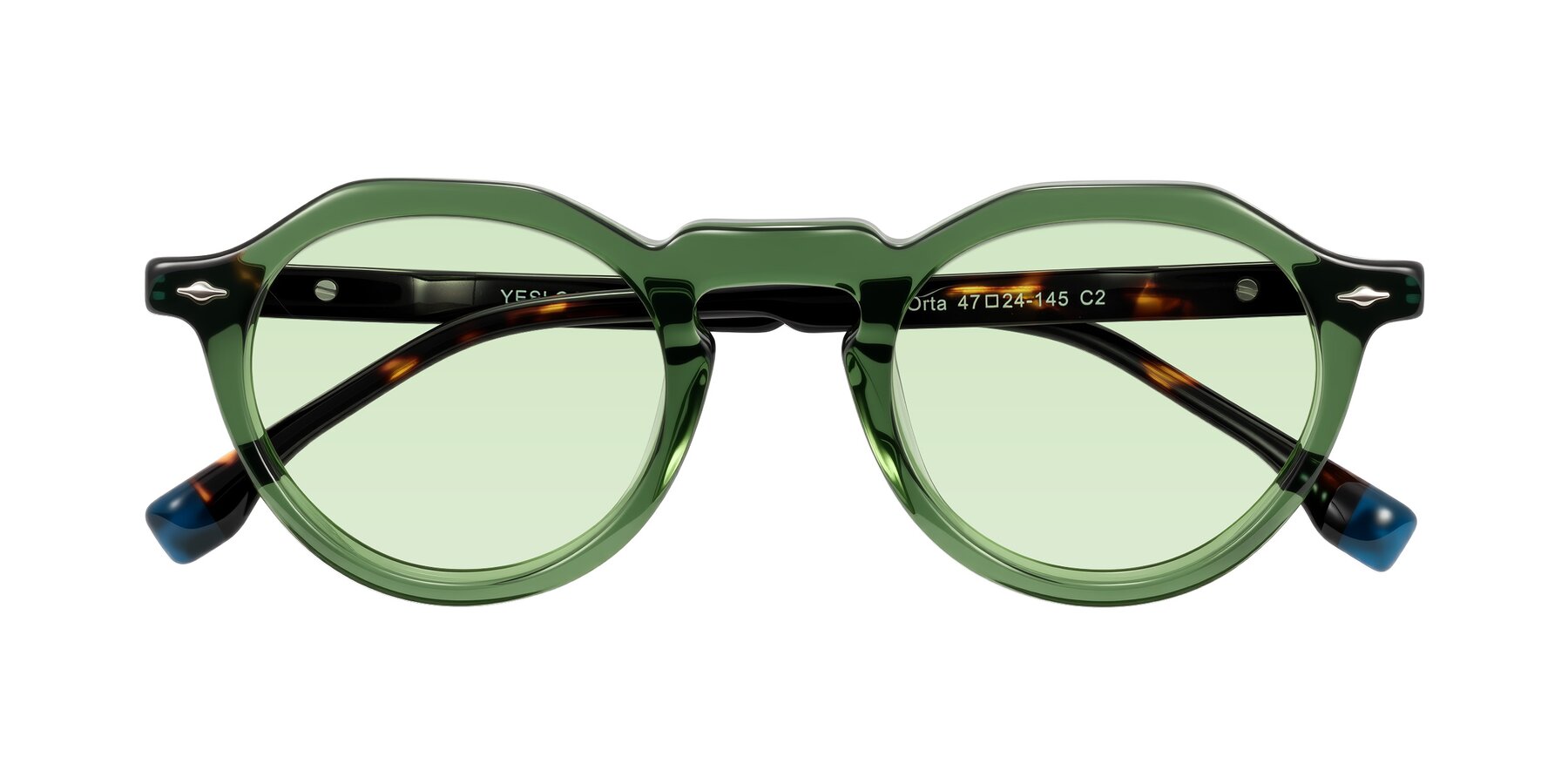 Folded Front of Orta in Green/Tortoise with Light Green Tinted Lenses