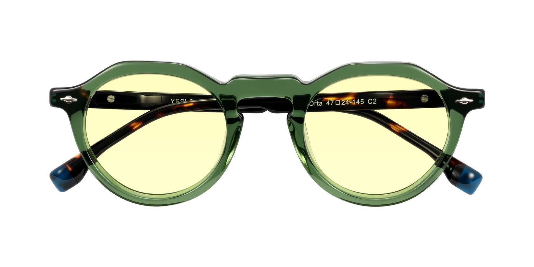 Folded Front of Orta in Green/Tortoise with Light Yellow Tinted Lenses