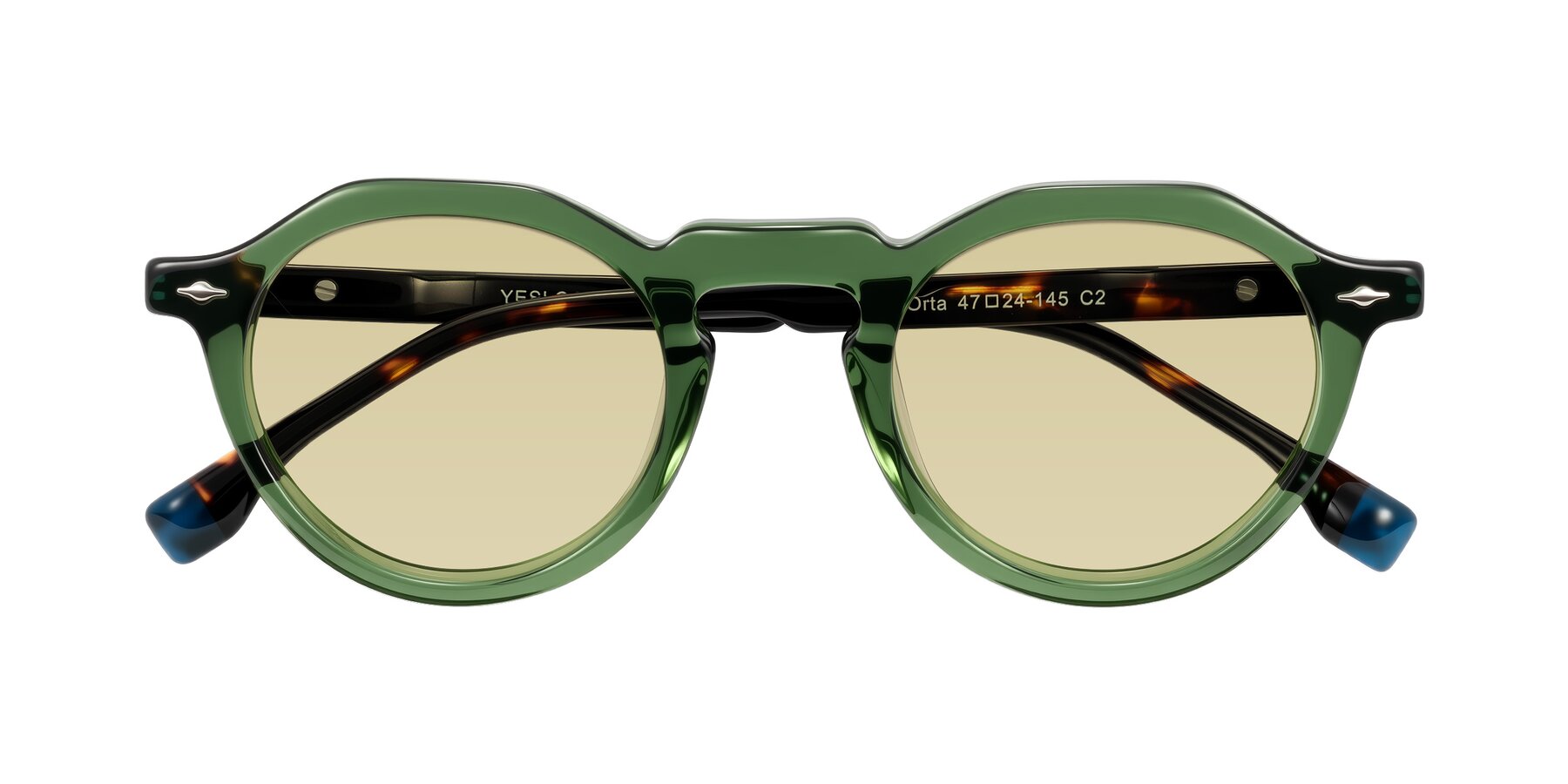 Folded Front of Orta in Green/Tortoise with Light Champagne Tinted Lenses