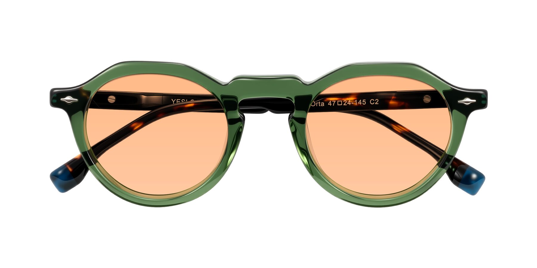Folded Front of Orta in Green/Tortoise with Light Orange Tinted Lenses