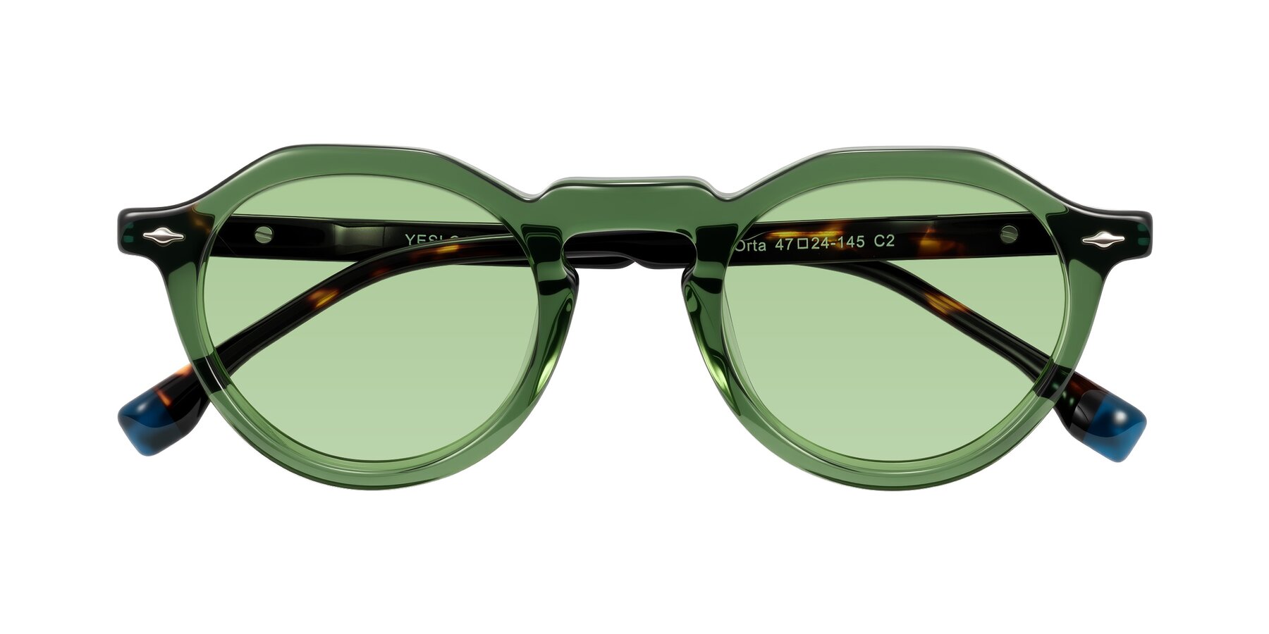 Folded Front of Orta in Green/Tortoise with Medium Green Tinted Lenses