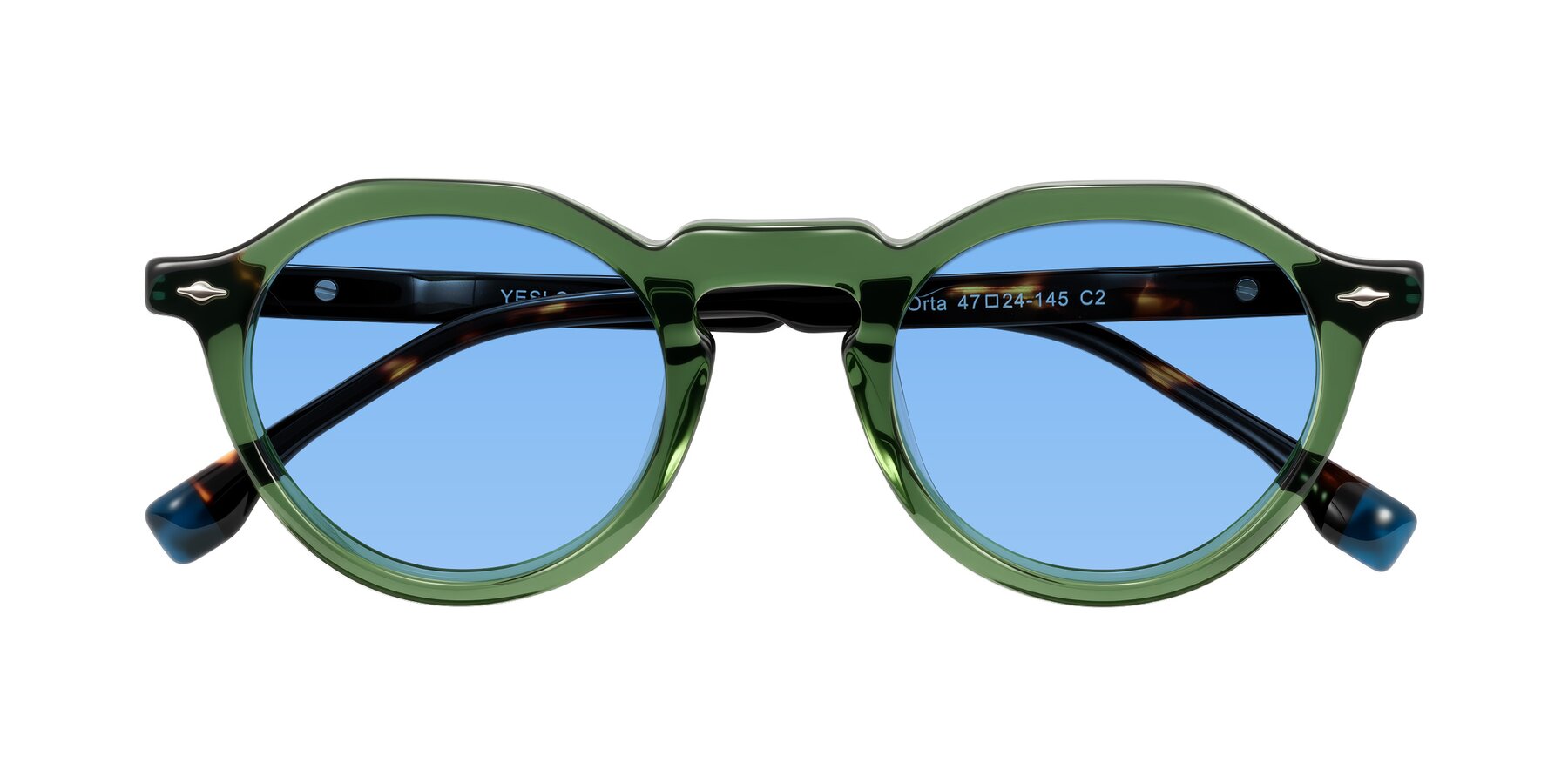 Folded Front of Orta in Green/Tortoise with Medium Blue Tinted Lenses