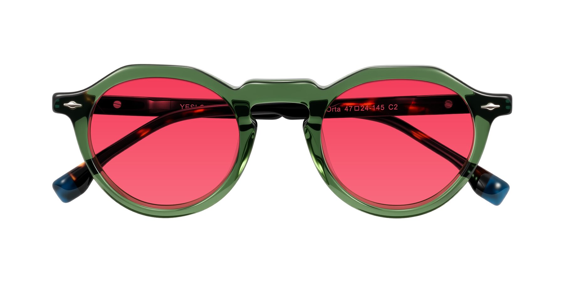 Folded Front of Orta in Green/Tortoise with Red Tinted Lenses