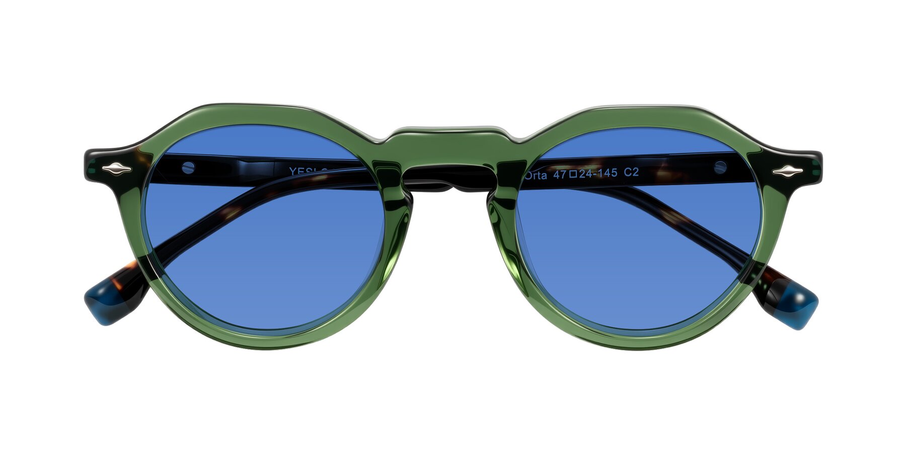 Folded Front of Orta in Green/Tortoise with Blue Tinted Lenses
