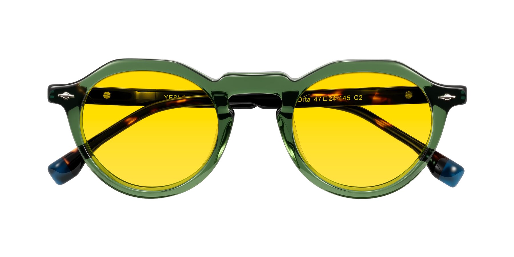 Folded Front of Orta in Green/Tortoise with Yellow Tinted Lenses