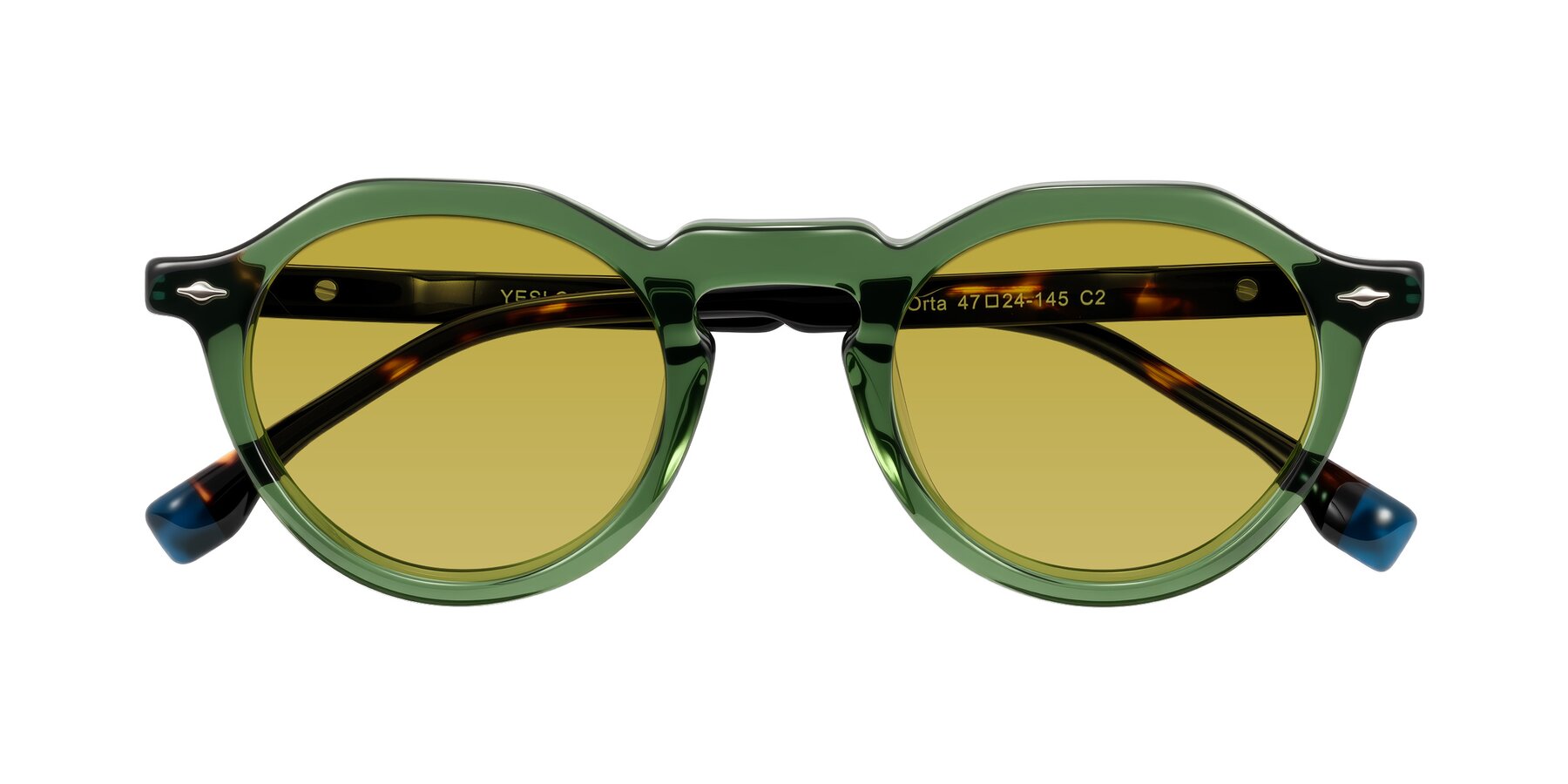 Folded Front of Orta in Green/Tortoise with Champagne Tinted Lenses