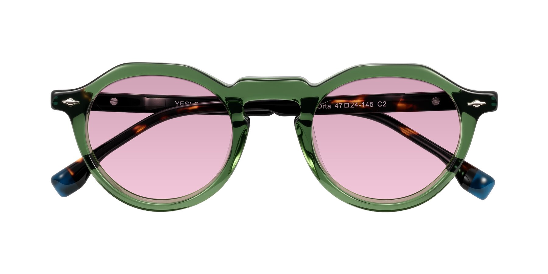 Folded Front of Orta in Green/Tortoise with Light Wine Tinted Lenses
