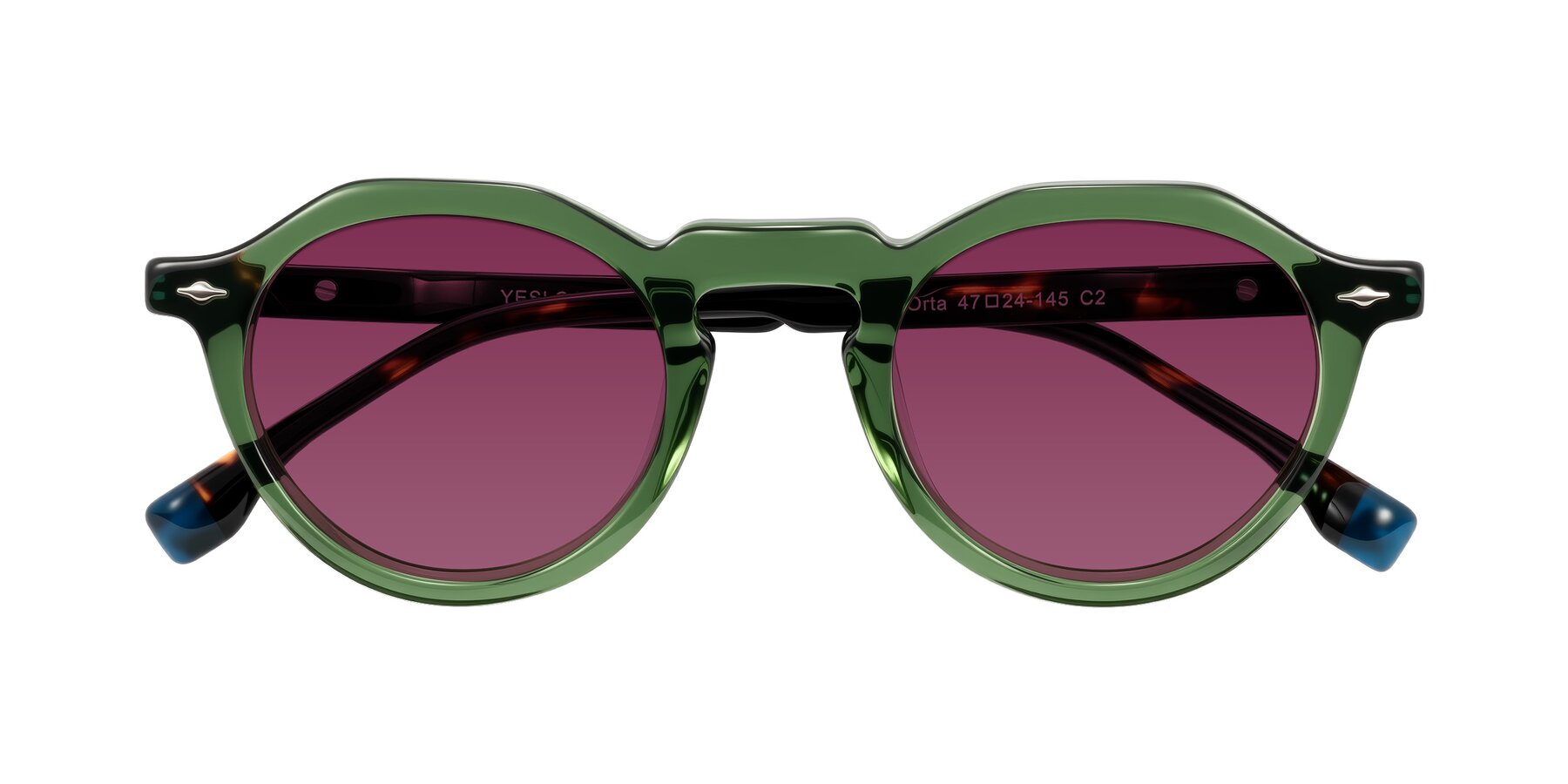 Folded Front of Orta in Green/Tortoise with Wine Tinted Lenses