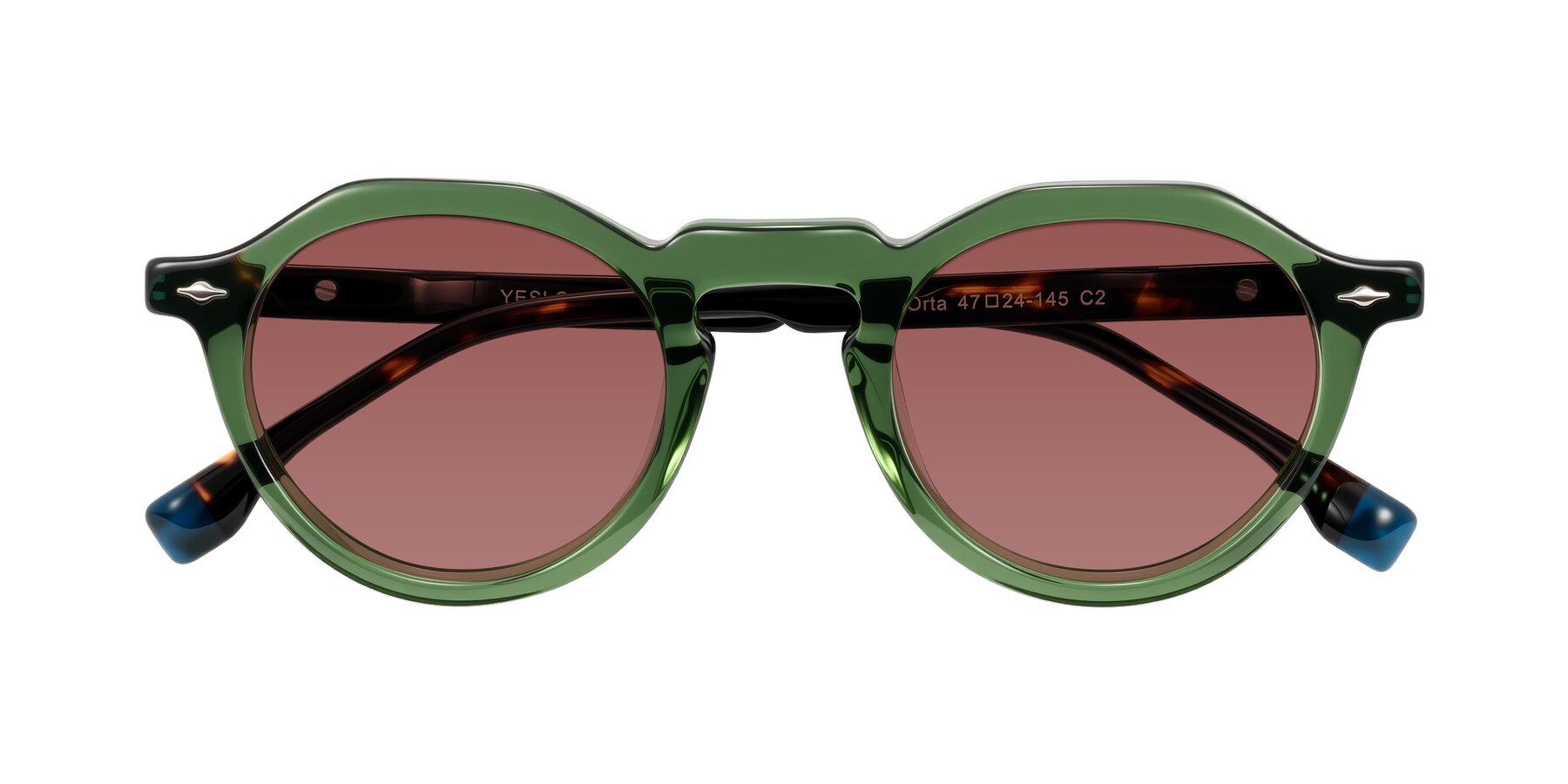 Folded Front of Orta in Green/Tortoise with Garnet Tinted Lenses