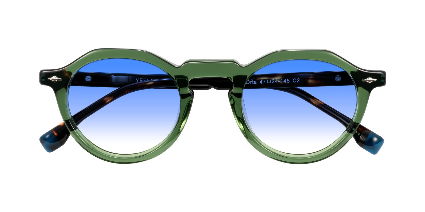 Folded Front of Orta in Green/Tortoise with Blue Gradient Lenses