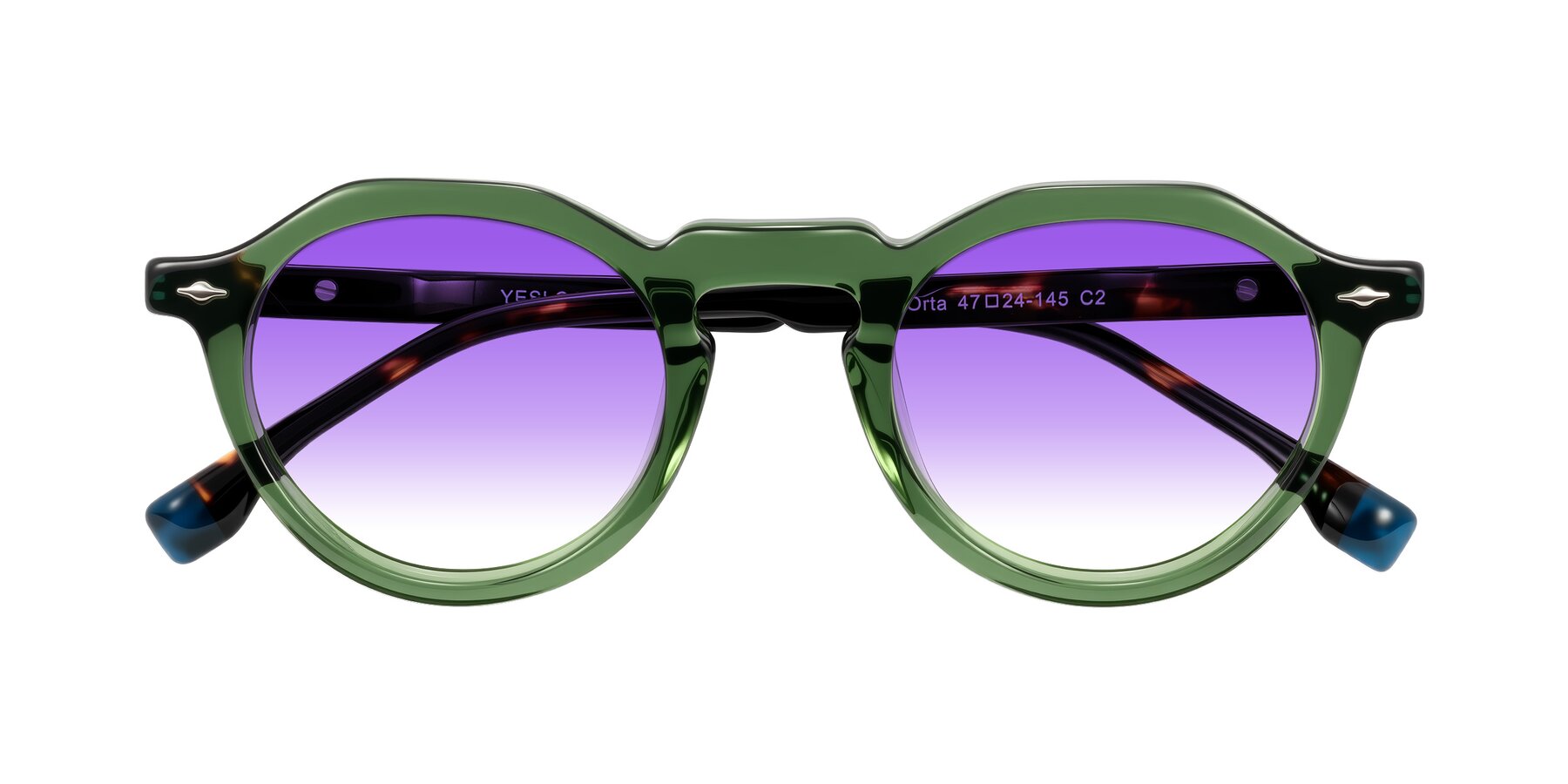Folded Front of Orta in Green/Tortoise with Purple Gradient Lenses