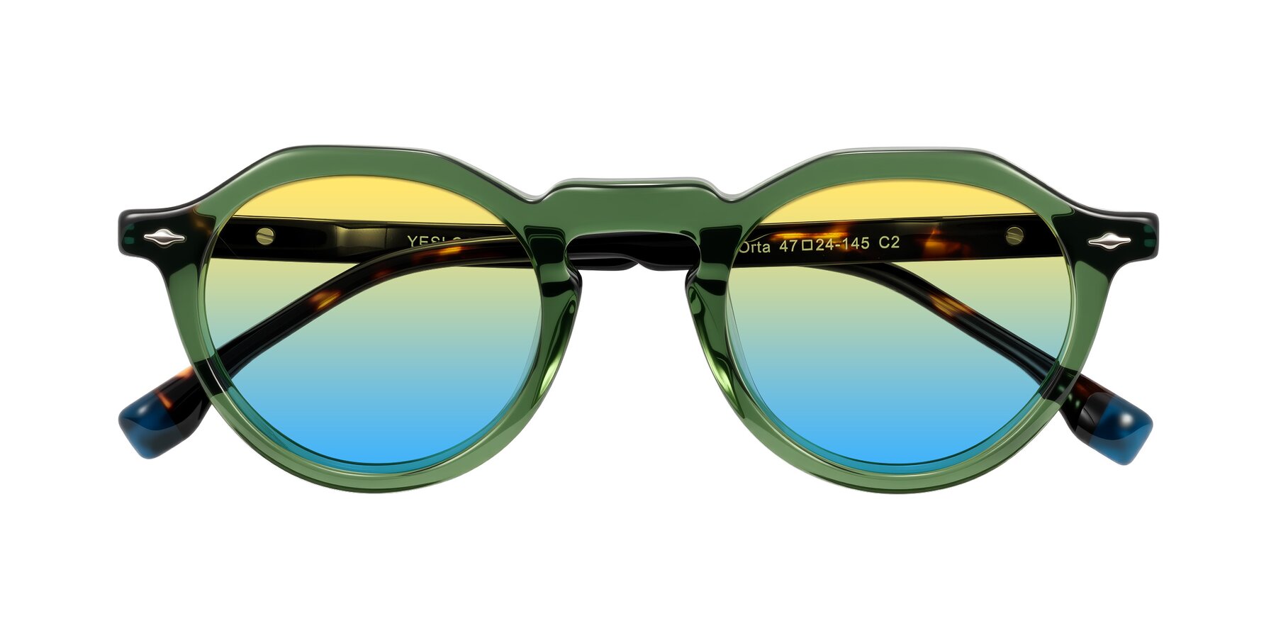 Folded Front of Orta in Green/Tortoise with Yellow / Blue Gradient Lenses