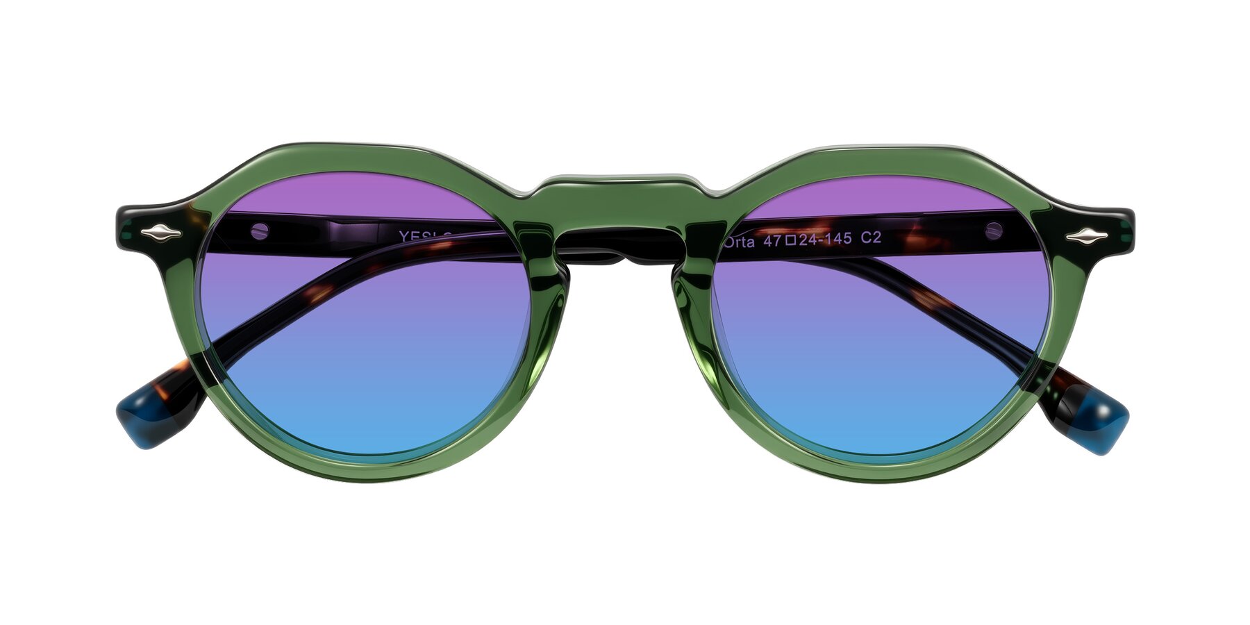 Folded Front of Orta in Green/Tortoise with Purple / Blue Gradient Lenses